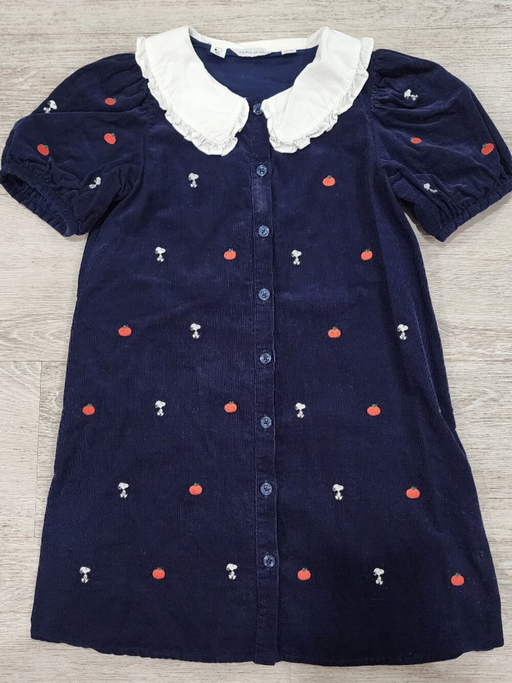 Janie and Jack Girls Snoopy Pumpkin Corduroy Navy Dress Size 8 White Collar Fall